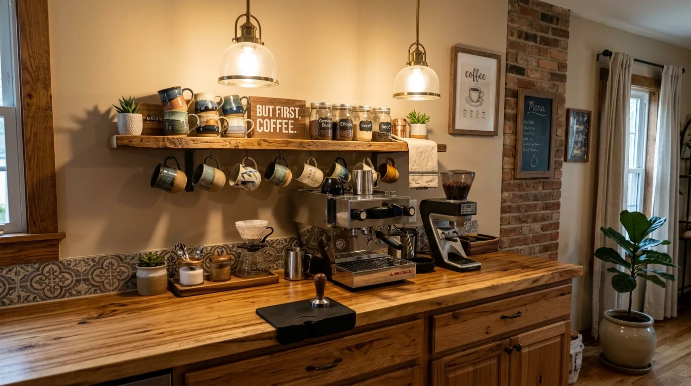 Cozy coffee bar styled as a warm and functional home caffeine station.